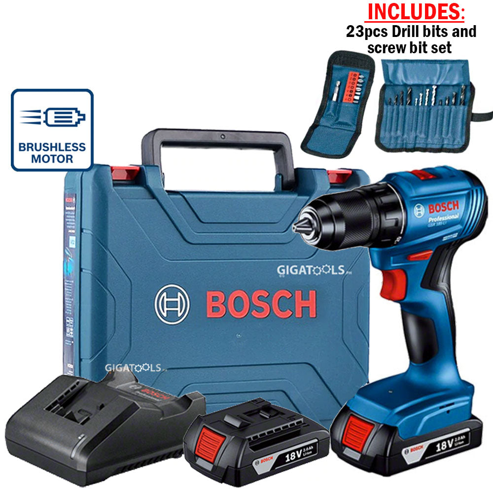 Bosch GSR 185-LI Cordless Brushless Metal chuck Drill Driver 18V with 23pcs Drill bits and Screw bit kit Set