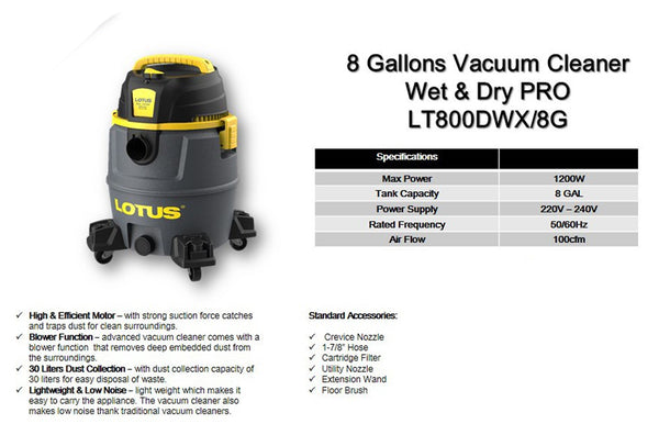 Lotus LT800DWX / 8G Wet & Dry Vacuum Cleaner for Industrial & Carwash (8 Gallons) (1200W)
