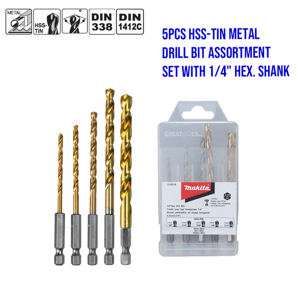 Makita 5pcs HSS-Tin Metal Drill Bit Assortment Set with 1/4" Hex. shank