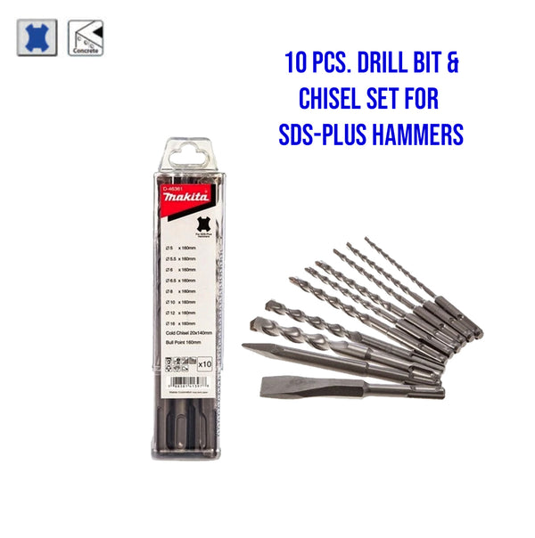Makita D-46361 Tungsten Carbide Tipped (TCT) 10pcs Drill Bit & Chisel Set for SDS-PLUS Hammers