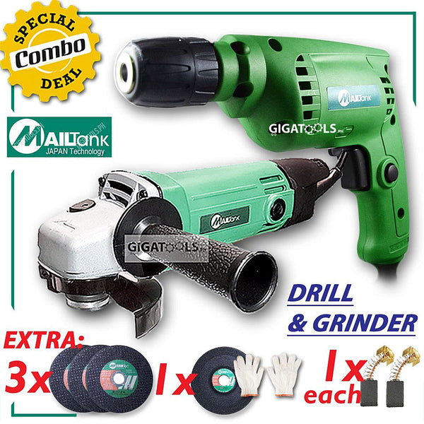 MailTank Grinder and Drill Combo Package (3pcs Cutting Disc, 1pc Grinding Disc, and extra Carbon Brush each)