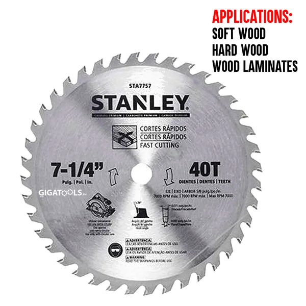 Stanley STA7757-AE Carbide Circular Saw Blade 7-1/4" x 40T (184mm) ( for Soft Wood, Hard Wood and Wood Laminates )