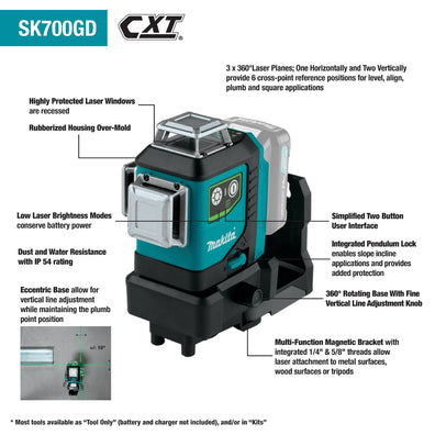 Makita SK700GD Rechargeable Cordless Green Multi Line Laser 360° 3-Plane 12Vmax CXT™ Li-Ion (Bare Tool)