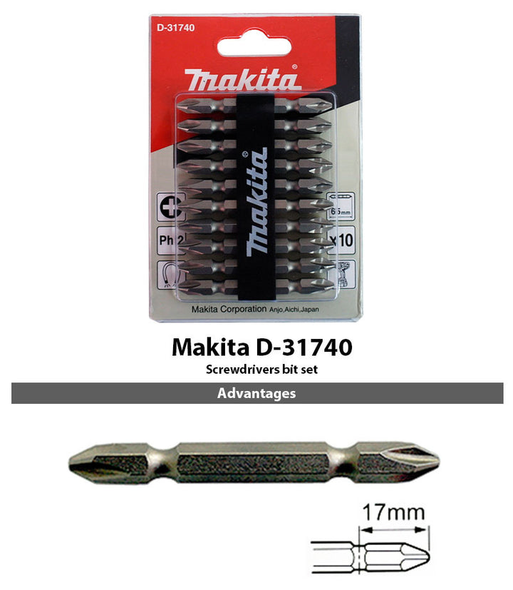 Makita Screwdriver Bit 65mm Set Pack of 10 ( D-31740 ) - GIGATOOLS.PH