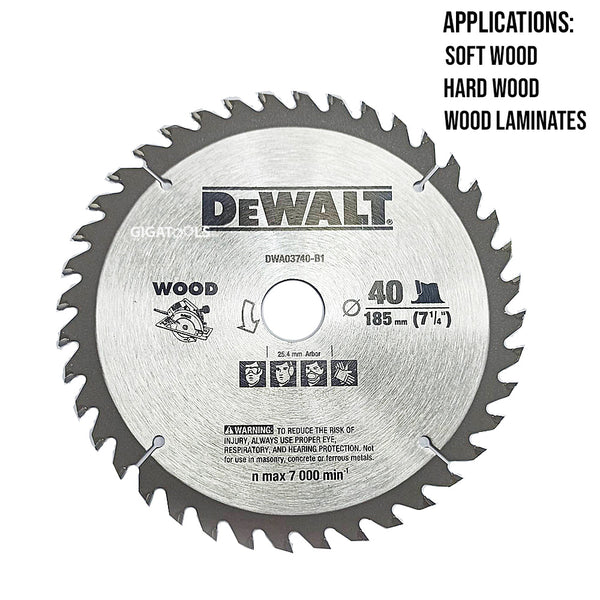 DeWalt DWA03740 7-1/4" x 40T Circular Saw Blade 185mm ( for Soft Wood, Hard Wood and Wood Laminates ) - GIGATOOLS.PH