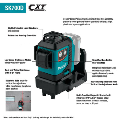 Makita SK700D Rechargeable Cordless Red Multi Line Laser 360° 3‑Plane 12Vmax CXT Li-Ion (Bare Tool)