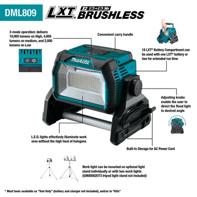 Makita DML809 Corded / Cordless L.E.D Work Light ( 10,000 lumens ) AC / 2x18V / 14.4V LXT Li-Ion (Bare Tool Only)